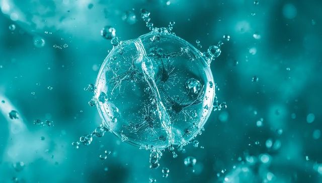 Teal water orb splitting around suspended dandelion seeds with crystal droplets and bokeh