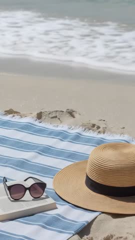 Vertical video of ocean waves rolling onto beach by striped towel, straw hat and sunglasses