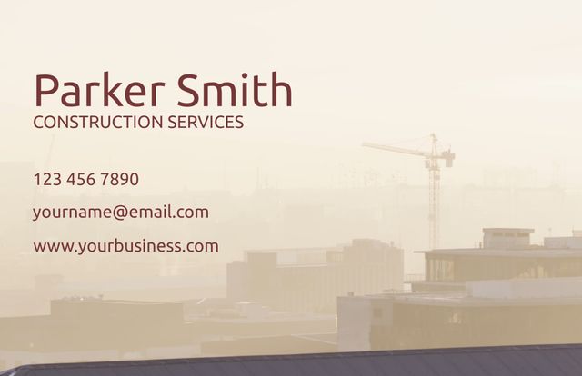 Perfect for promoting construction, building, or contractor businesses. This design features an urban skyline with a crane in the background, highlighting the company's presence in the city and professionalism. Ideal for networking events, client meetings, and marketing materials to showcase contact details and services.