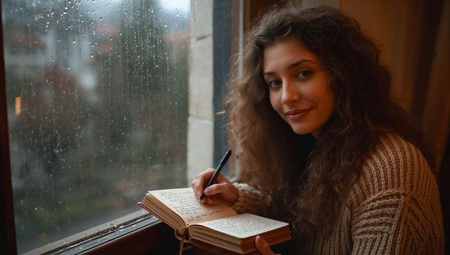 Young woman writing journal by rainy window, cozy knit sweater, warm wooden windowsill