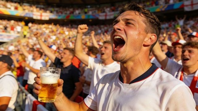 Passionate football supporter cheering while holding beer in packed sunny stadium crowd