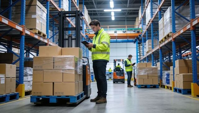 Warehouse worker checking inventory with tablet next to electric pallet truck in modern warehouse