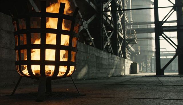 Burning iron brazier glowing in abandoned industrial warehouse, dramatic flame light