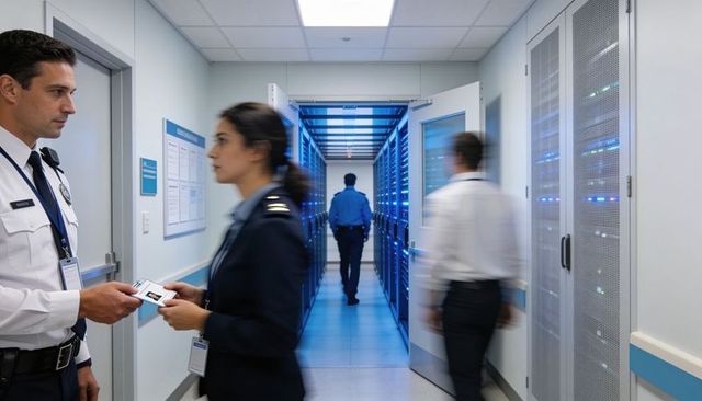 Security staff exchanging access badges while technician walking into secure datacenter aisle