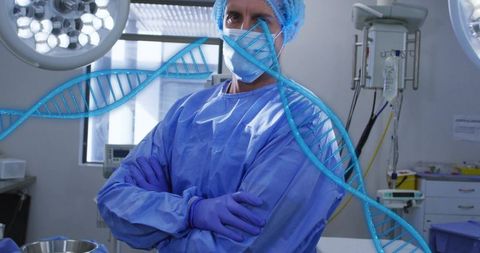 Surgeon in scrubs crossing arms in operating room with dna helix overlay