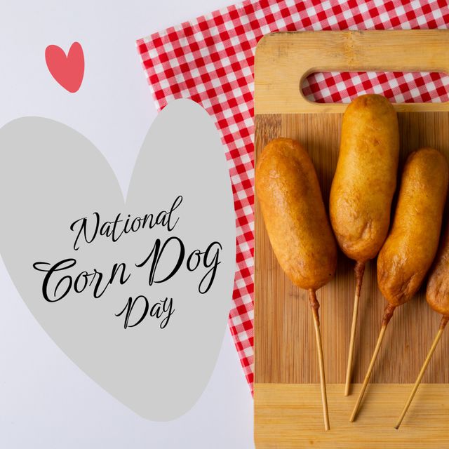 Composition of national corn dog day text over corn dog on wooden board and gingham. National corn dog day and fast food concept.
