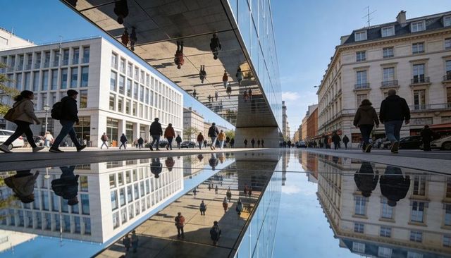 Commuters walking under mirrored canopy with reflective pool creating urban symmetry