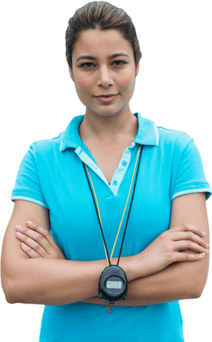 Confident Female Coach in Blue Polo with Stopwatch Transparent