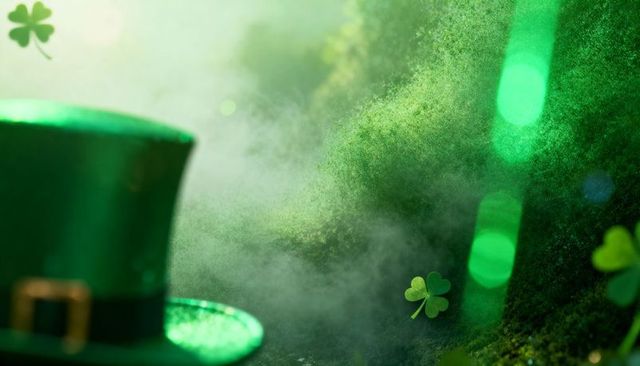 Leprechaun Hat on Moss with Floating Shamrocks and Emerald Mist St Patrick's Day Greeting