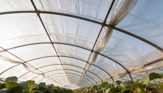 Curving hoophouse ribs sheltering growing lettuce in translucent polytunnel, soft light