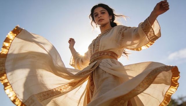 Backlit woman twirling embroidered robe with gold trim, patterned sash and sun flare