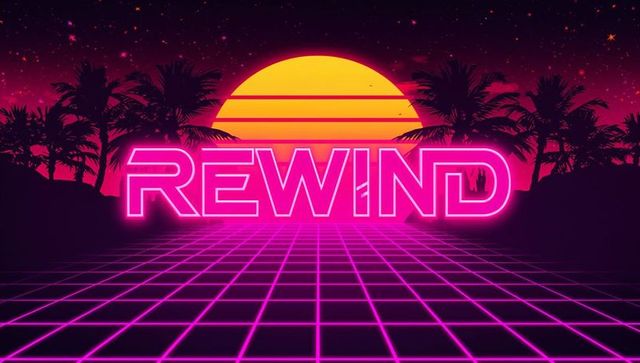 Glowing neon rewind sign reflecting on magenta grid beneath retro sun and palm silhouettes