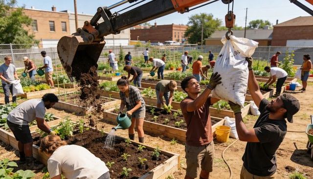 Volunteers creating urban community garden using excavator, filling raised beds