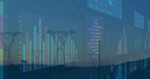 image depicts business analytics and financial data overlayed on an electricity pylon in the evening landscape. the graphics display various financial charts and statistics, connecting the elements of digital technology and energy infrastructure. ideal for use in presentations on financial markets, energy industry trends, eco-tech mergers, or technology-driven growth in power sectors.