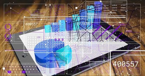 Tablet projecting layered data dashboards with 3D pie chart and augmented interface