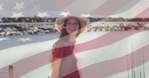 Joyful Woman Beach Portrait Overlayed with American Flag