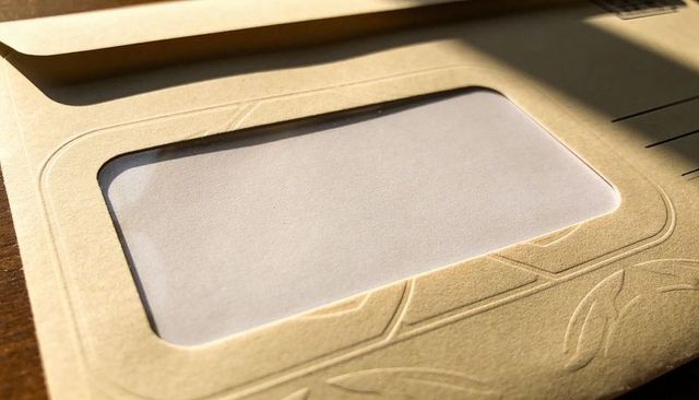 Beige window envelope with blank insert and embossed leaf design in warm sunlight