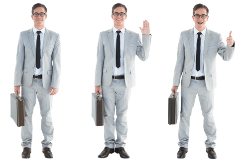 Smiling businessman in triplicate with transparent background
