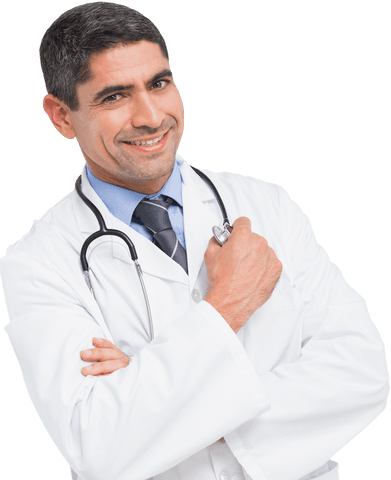 Transparent smiling male doctor with stethoscope posing confidently