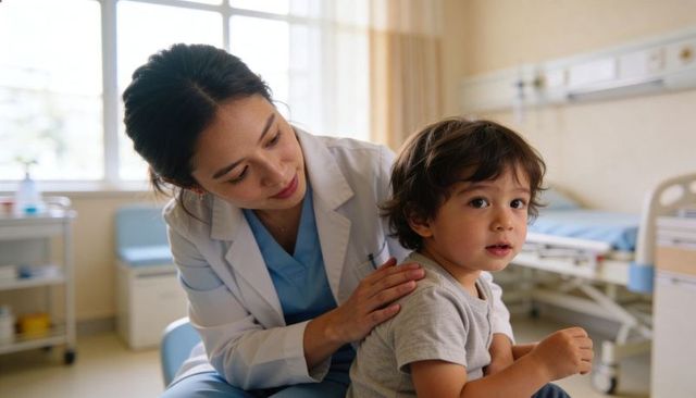 Compassionate pediatric nurse comforting and examining toddler in bright hospital room