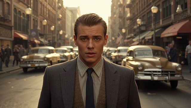 Young gentleman standing on midcentury downtown street with vintage cars at golden hour