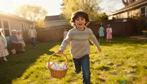 Smiling boy running with wicker basket of pastel eggs during golden hour backyard easter