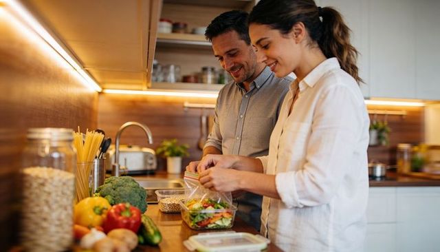 Couple preparing fresh salad and packing lunch at cozy kitchen counter with zip-top bag