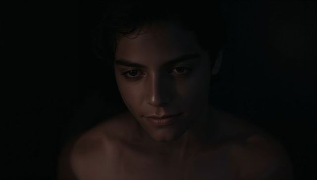 Moody Low-Key Headshot of Young Woman with Bare Shoulders Lit by Overhead Lamp