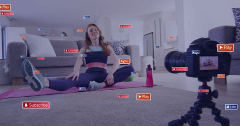 Influencer Filming Home Workout with Social Media Bursts