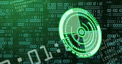 Neon Green Cyber HUD Rotating Over Binary Matrix Futuristic Data Visualization Interface