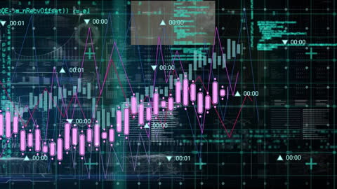 Glowing Data and Digital Graphs on Dark Grid Background