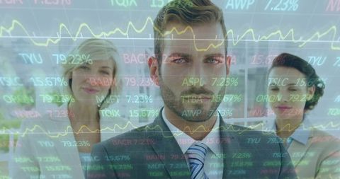 Corporate leader guiding team through financial data visualization with stock overlay
