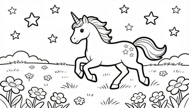 Galloping cartoon unicorn in starry meadow coloring page for kids activities and crafts