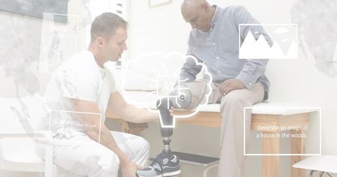 Clinician adjusting prosthetic leg on patient at rehab bench, mobility therapy and orthotics