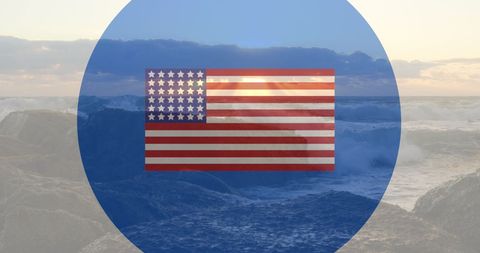 American Flag Overlay on Rocky Coastline at Sunset