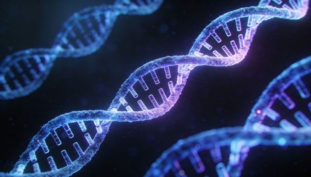 Luminescent dna double helix rotating in dark void with glowing base pairs