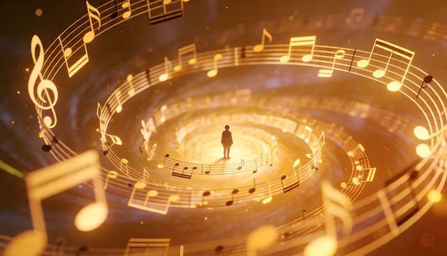 Silhouette standing within spiraling golden musical notes leading to luminous core