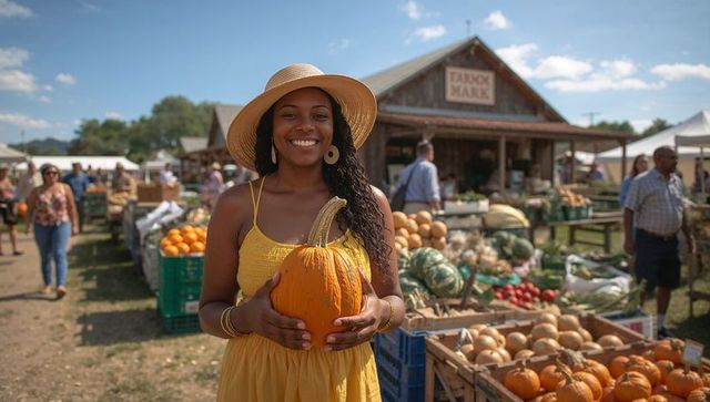 Woman in Yellow Sundress Holding Pumpkin at Vibrant Farmers' Market