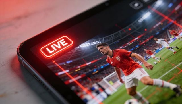 Live football streaming on tablet with red team player dribbling across stadium pitch