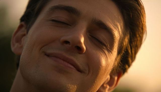 Smiling man savoring golden hour sunlight with serene closed-eyes expression