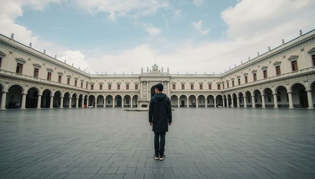 Solitary traveler standing in neoclassical courtyard facing ornate facade and fountain