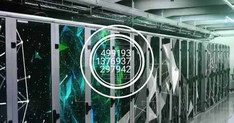 Data Center Server Racks with Futuristic Overlay Performance Metrics