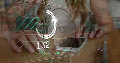 Woman tapping smartphone with augmented reality HUD overlays, digital maps and analytics