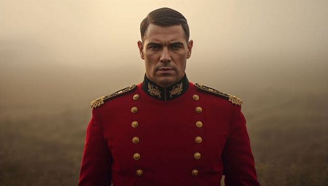 Military Officer in Red Dress Coat on Foggy Moorland