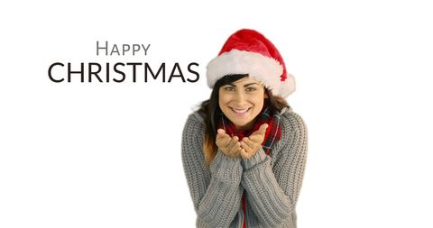 Cheerful Woman Celebrating Christmas with Greeting Text