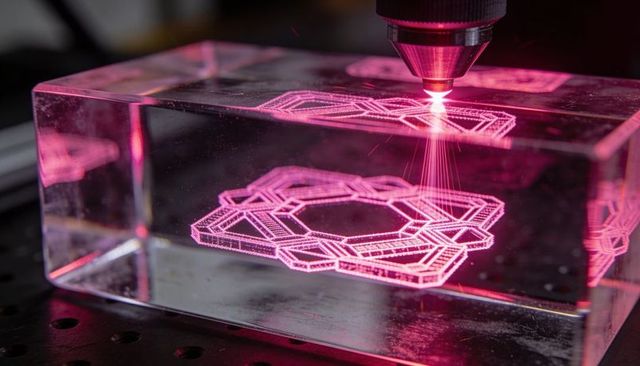 Pink Laser Etching Geometric Lattice Inside Clear Acrylic Block for Industrial Design