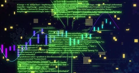 Neon code clusters and candlestick charts with cyan purple waveforms for trading analytics