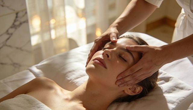 Woman receiving relaxing facial massage on sunlit spa bed, therapist providing care