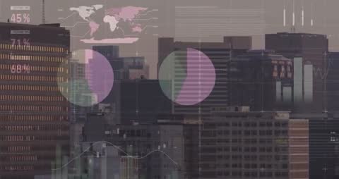Animated Data Graphs Overlay Urban Dusk Skyline with Pastel Charts