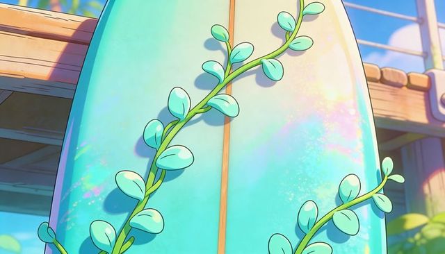 Pastel teal surfboard with iridescent finish and vine shadow on sunlit pier